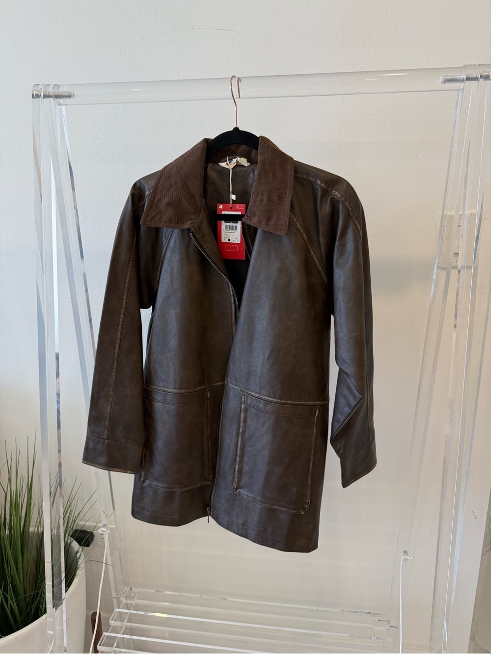 Brown Faux Leather Coat with Suede Collar